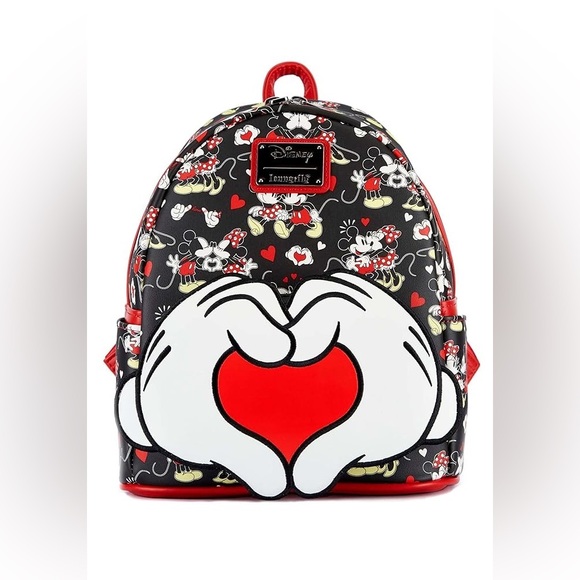 Loungefly | Disney Parks Mickey & Minnie Heart Red Black White Mini Backpack - Picture 1 of 4